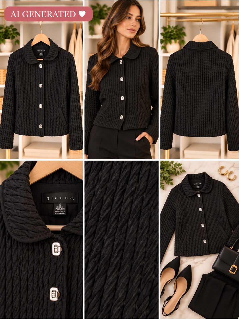 Giacca Black Textured Button-Front Jacket Size S